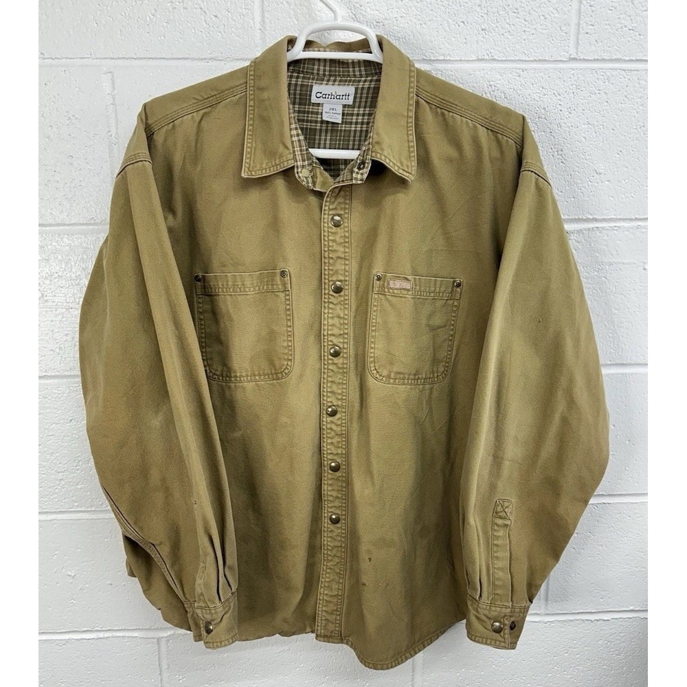 Carhartt Shirt Duck Canvas Flannel Lined Brown Snap Jacket / Men's 2XL / Stained